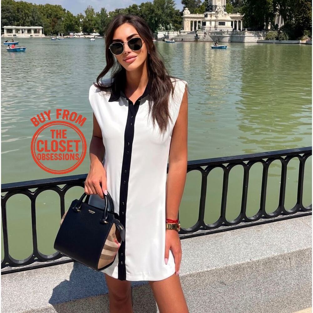 ZARA White Black Contrast Trim Mini Dress NWT Sleeveless Collared Shift Dress L - Picture 5 of 14